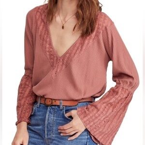 Free People- Parisian Nights Boho Bell Sleeve Blouse- Size Medium Festival Wear